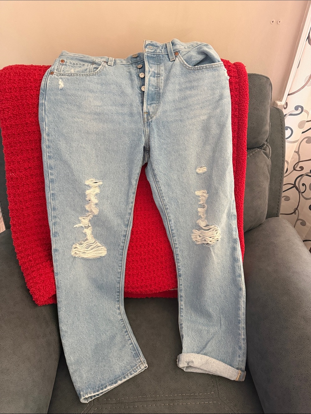 Levi's Light Blue Ripped Boyfriend Jeans with Cuffed Hem